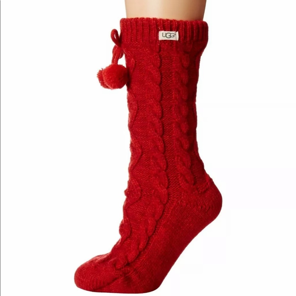 Women UGG Pom-Pom Fleece-Lined Socks Red